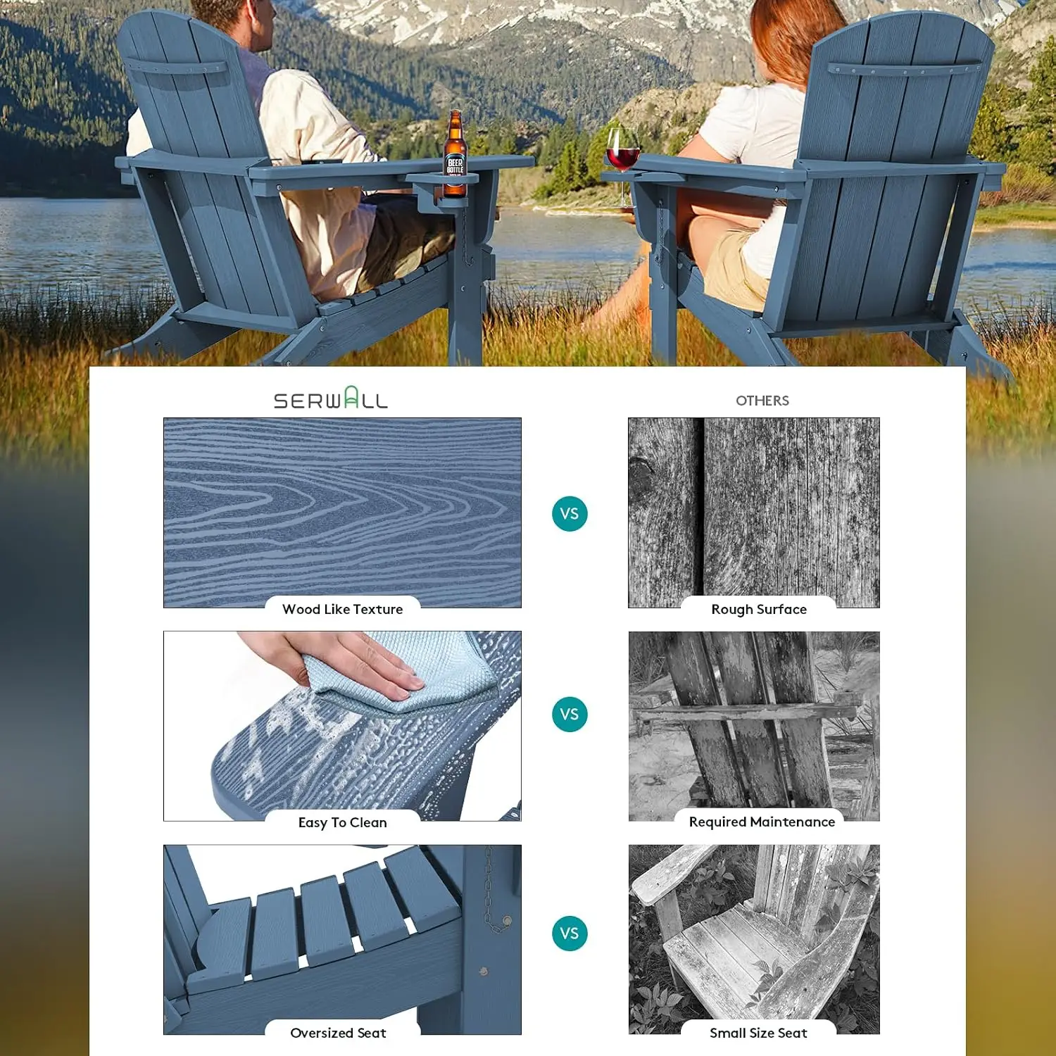 Foldable Adirondack Chair Set of 2 with Cup & Phone Holder, HDPE Waterproof Wood Grain, Garden Patio Backyard, Blue, Customized