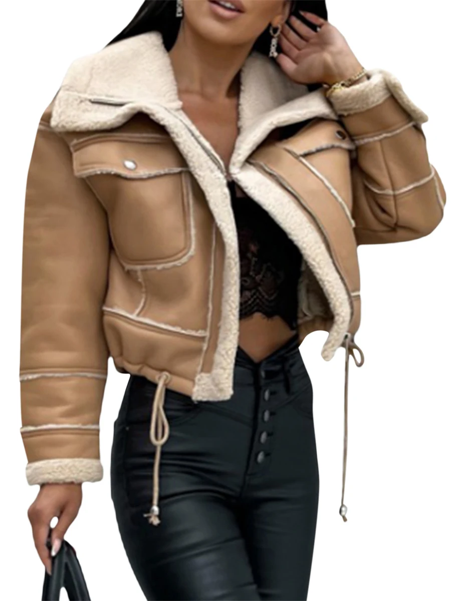 Women Winter Faux Leather Jacket Long Sleeve Lapel Fleece Linen Coat Zip Up Motorcycle Jacket Warm Outwear with Pockets