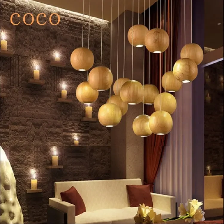 coco nordic creative escadaria lustres sala de estar e restaurante led light luzes penduradas bola de madeira hotel e villa quarto 01