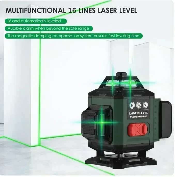 Laser Level 12/16 Lines 4D Self-Leveling 360° Horizontal and Vertical Cross Super Powerful 3000mAh Battery Green Laser Beam Line