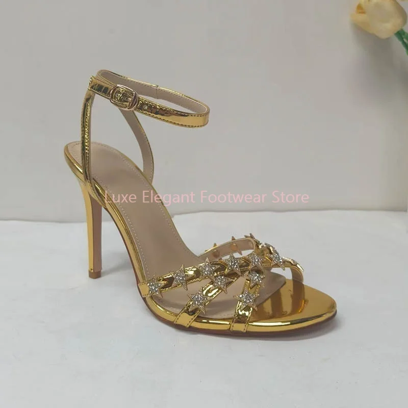

Gold Star Crystal Buckle Strap Slingback Stiletto Sandals Women Patent Leather Peep Toe High Heels Fashion Sexy Party Dress Shoe