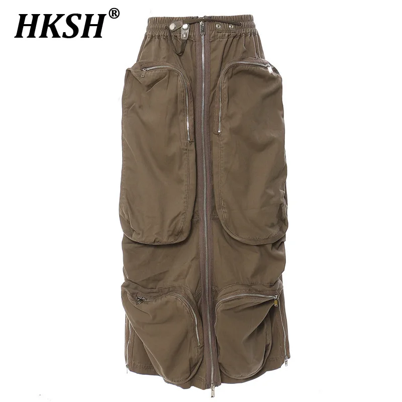 HKSH Autumn Winter New Women's Punk Double Wear High Street  Zipper Medium Long Multi Pocket Safari Style Half Skirt Chic HK3119