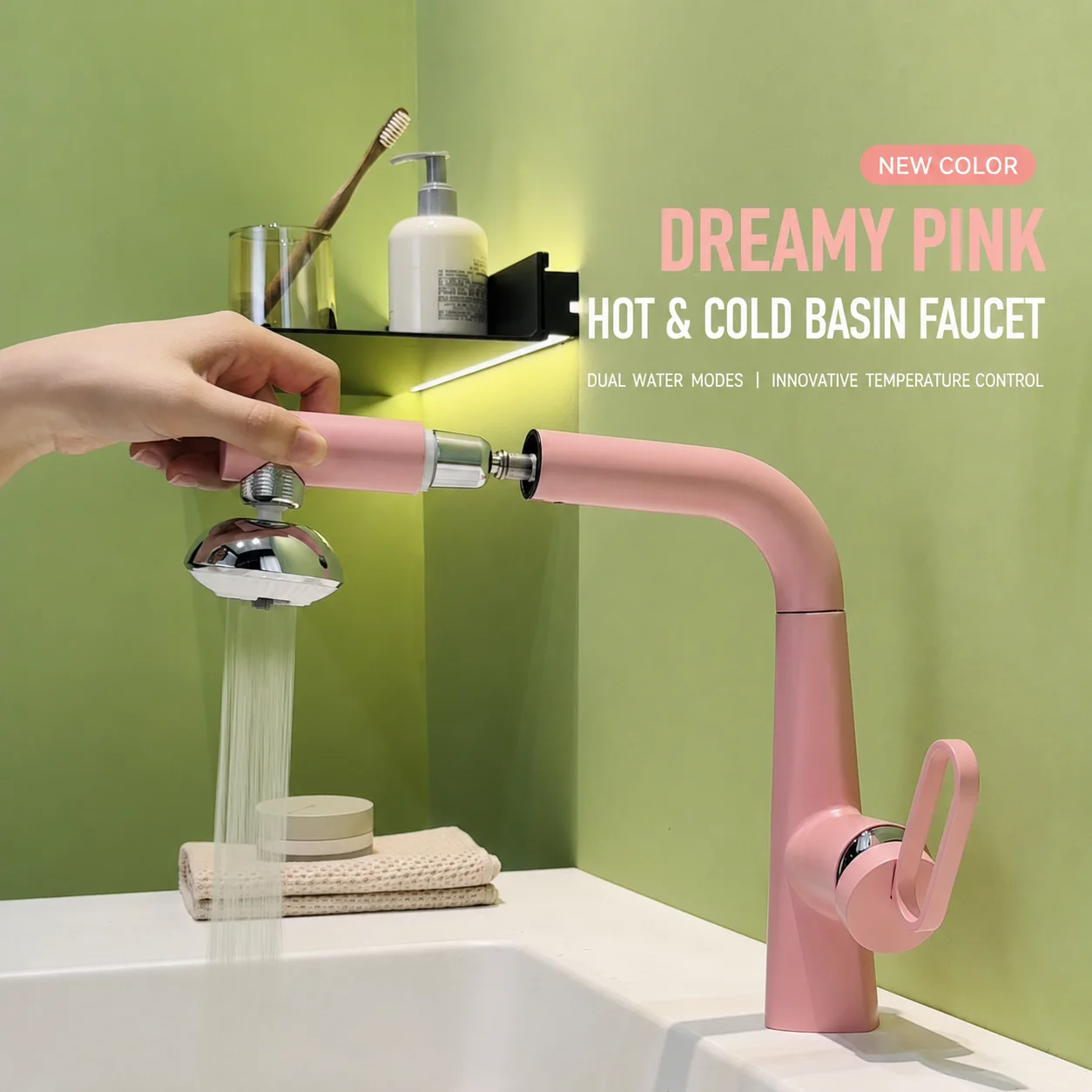 Cream White Pull Out Bathroom Faucet Modern Dreamy Pink Basin Mixer Tap Liftable Height Adjustable Cold Hot Vanity Crane