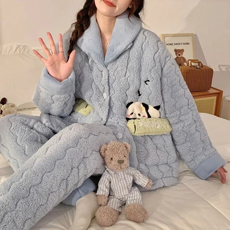 2024 New Three-Layer Quilted Pajamas Women Winter Coral Fleece Thickened Velvet Nightclothes Female Flannel Warm Loungewear Suit