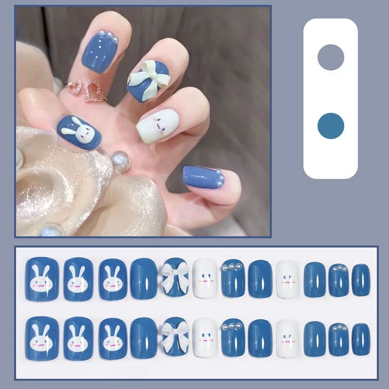 Estilo francês pressionado unhas postiças, Bowknot Padrão Coelho, Pérola Short Square, Designer de Design de Moda, Cobertura Completa, 24pcs por