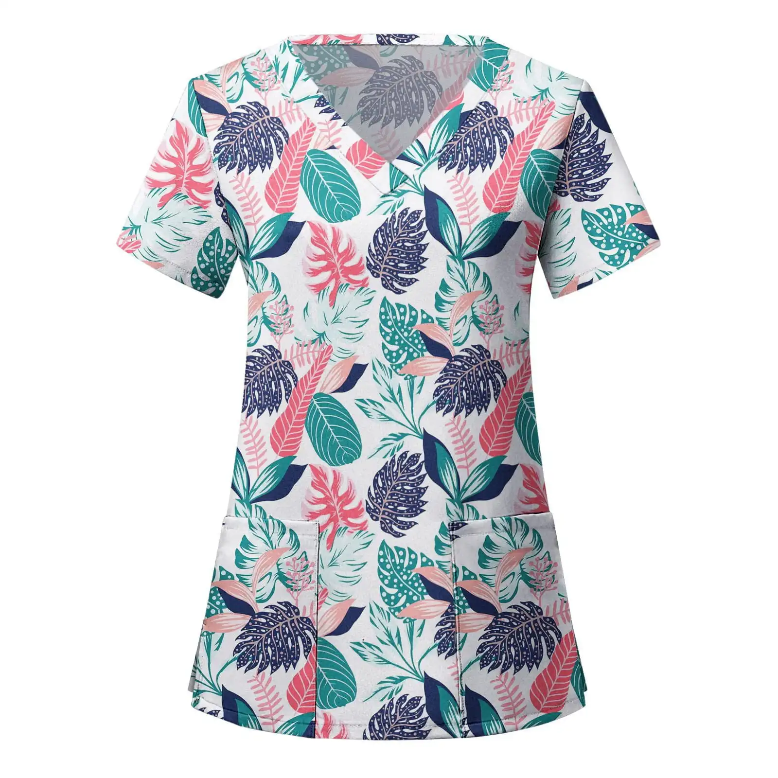 Women's Hawaiian Leaves All Over Print V Neck Nurse Surgical Gown Top with Pockets Comfortable Polyester Short Sleeve Coverall