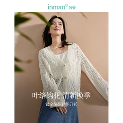 INMAN Hollowed Cardigan Out flared sleeve 2024 Autumn Women's Knit Sweater V-neck Loose slimming Women clothing