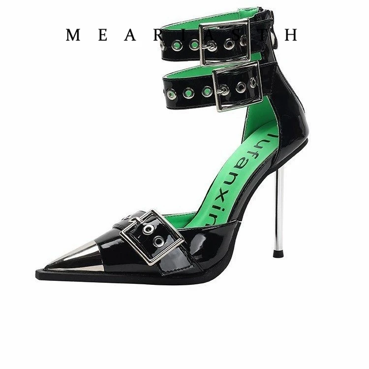 

Women's black Pointed Toe Metal Buckle Rivet Sandals Punk Style High Heels Female Black Female Summer Sandalias De Mujer 2026