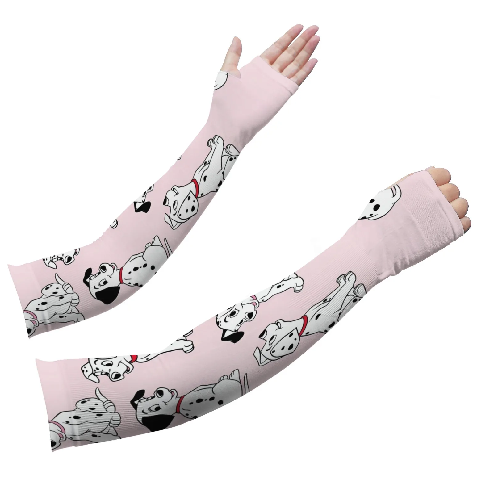Rękawy na ramię z nadrukiem kreskówki dalmatyńczyka Kawaii - różowy lodowy jedwab, oddychająca ochrona przed promieniowaniem UV dla rodziców i dzieci na codzienne i przygodowe wyprawy na świeżym powietrzu