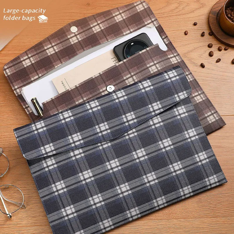 A4 Envelope Style File Folder, Plaid Leather Thickened Document Bag, Waterproof Durable Large Capacity for Office Students