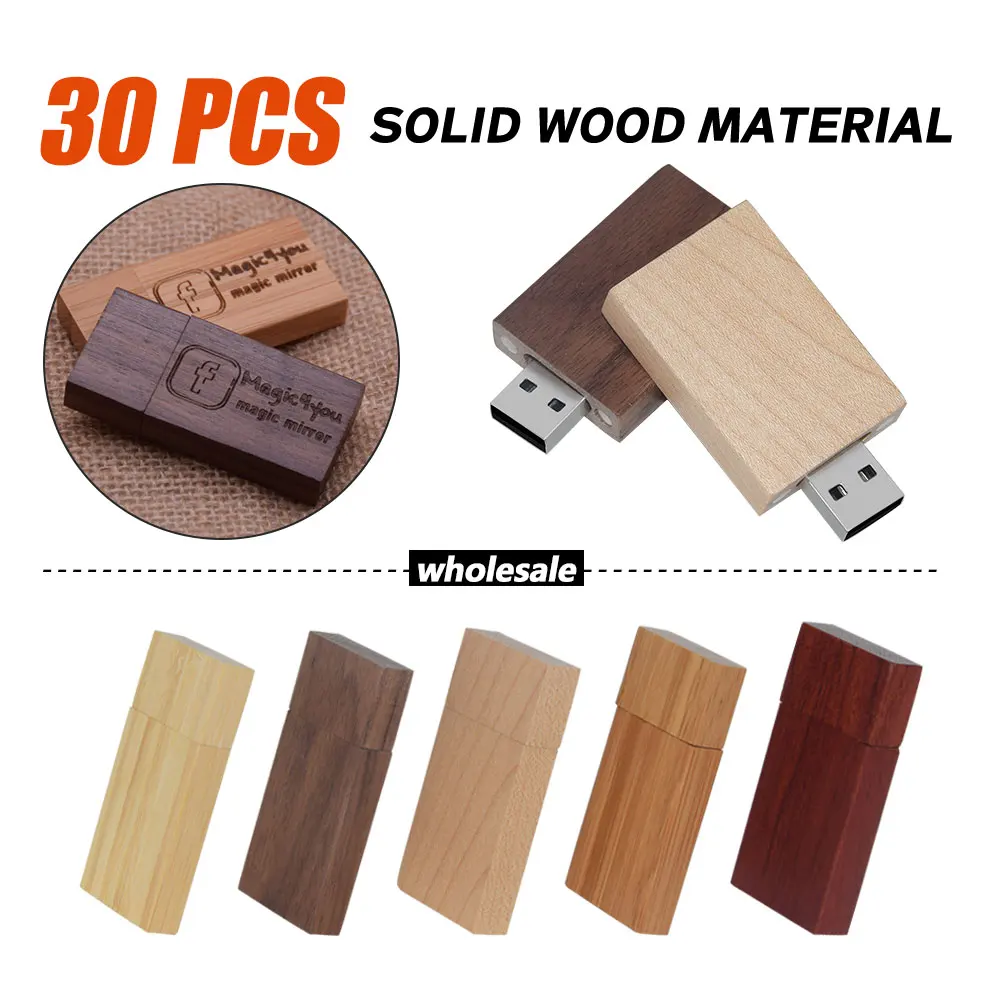 30pcs/lot Wooden Pendrive 32GB USB Flash Drive 64GB 4GB 8GB 16GB Wood Pendrive Usb 2.0 Memoria Stick Gift (Free Custom Logo)