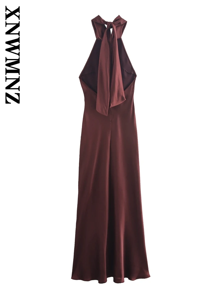 XNWMNZ 2024 Woman's Party Sleeveless Satin Maxi Skirt Dress Evening Party Female Long Length Dresses Regular Fit Halter Collar