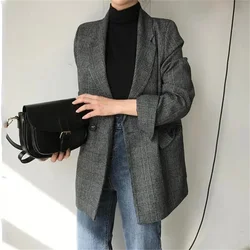 2024 Women Winter Plaid Blazers Coats Korean Fashion Elegant Solid Thick Jacket Female Double Breasted Office Lady Long Overcoat