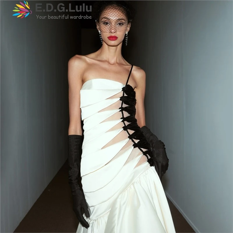 

EDGLuLu Sexy One Shoulder Backless White Birthday Dresses Luxury Strapless Design Pleated Splicing Wedding Dress 0422