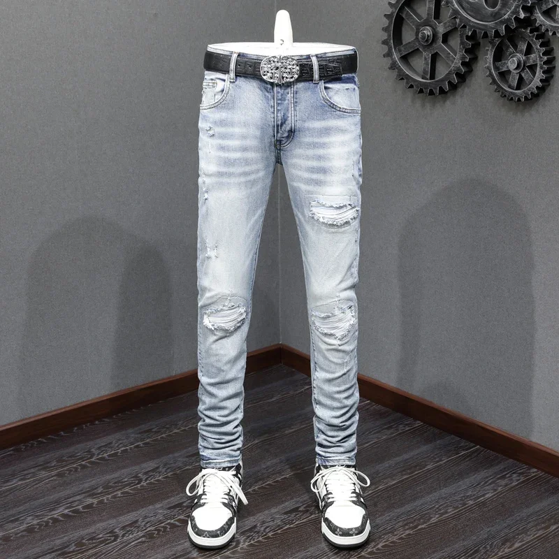 High Street Fashion Men Jean Retro Light Blue Stretch Skinny Fit Ripped Jeans Men Leather Patched Designer Hip Hop Brand Pants