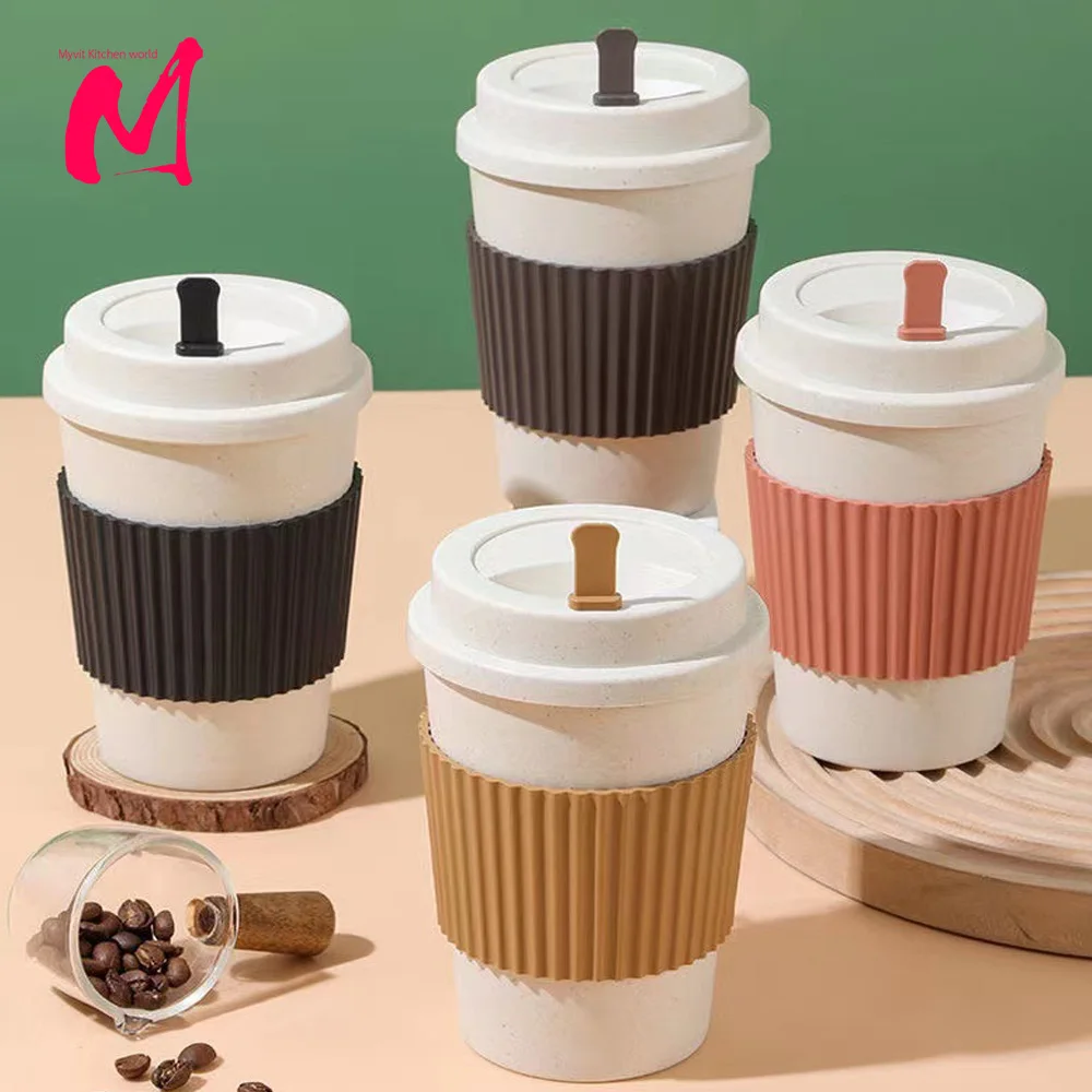 Coffee Tea Cup Wheat Straw Travel Water Drink Mug with Silicone Lid Drinking Mugs Portable Travel Coffee Cup for Outdoor Camping