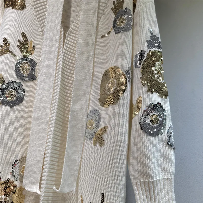 Luxury Woman Flowers Embroidery Sequined Long Knitted Cardigan Beaded Sweater Coat Jacket V-Neck Knitwear Tops with Belt
