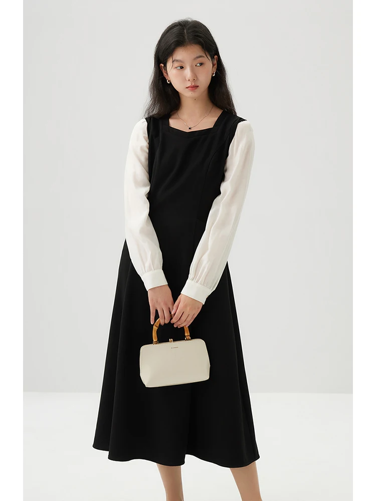 ZIQIAO Square Neck Temperament Long Sleeve Spring Dresses Black White Patchwork Waffle Extured Fabric Long Dress 24ZQ91203