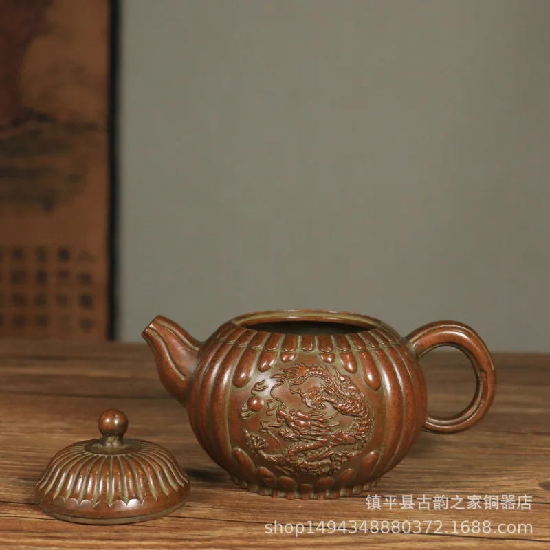 Brass Dragon and Phoenix Pure Copper Kettle Xiangyun Small Teapot Ornament Office Living Room Shop Study Tea Table Orname