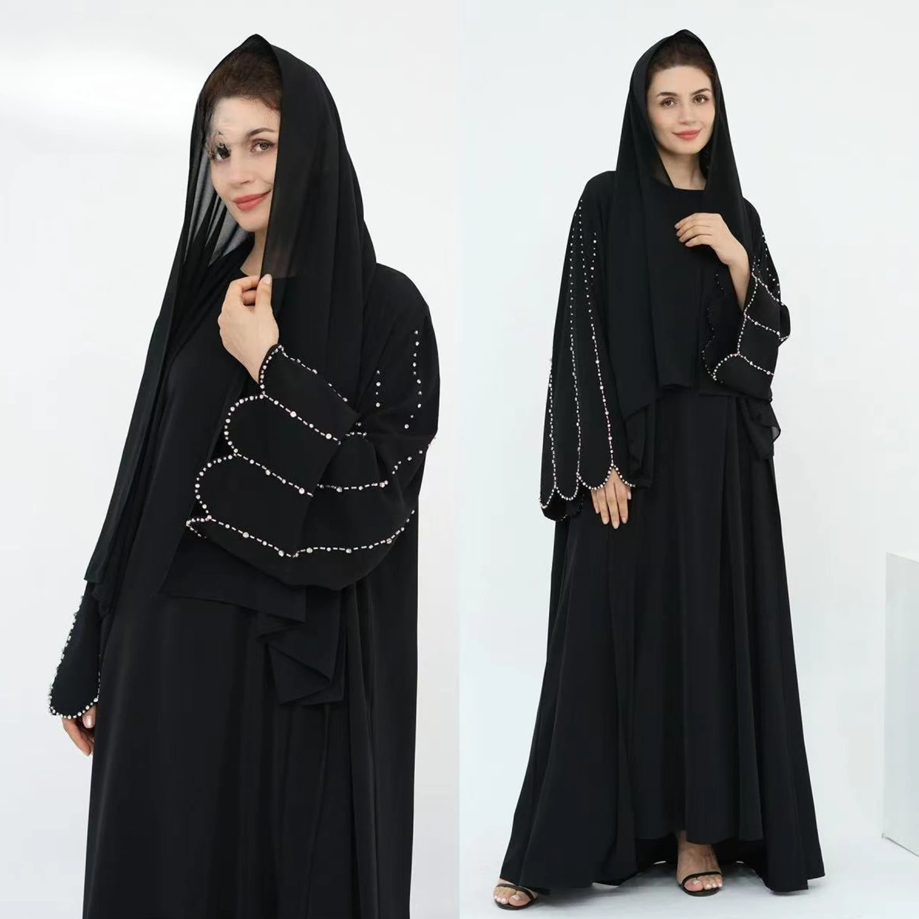 

Роскошное черное платье Абая в Дубае для женщин, кардиган с бриллиантами и бисером спереди, дышащая исламская одежда для свадебных платьев