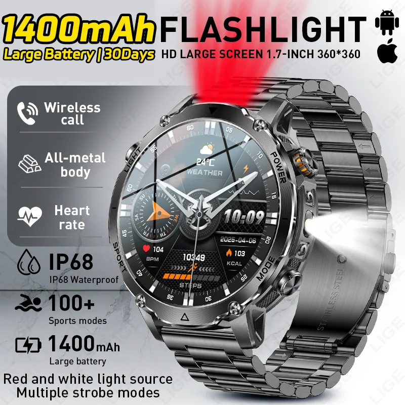 LIGE 2026 New Built-in 1400mAh Super Large Battery Men Smart Watch Outdoor 1.7