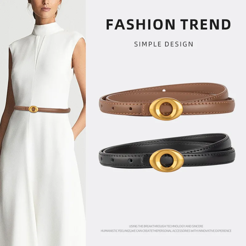 

French simple oval buckle genuine leather belt, perfect with any dress, cowhide decorative belt for women