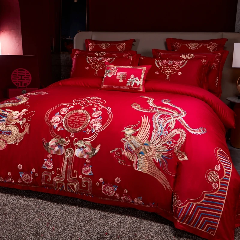 Luxury Loong Phoenix Embroidery Duvet Cover Set King Queen Size Chinese Wedding Red Bedding Bed Sheet Pillowcases Home Textile