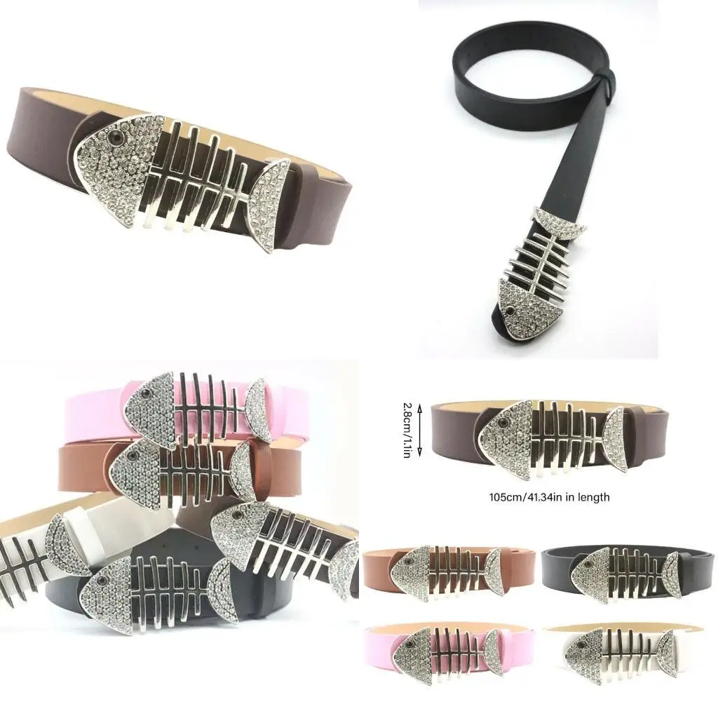

652F Simple Rhinestones Fishbones Belt for Adult Teens Street Waistband for Pants Jeans Fashion Waiststrap 2000s Waist Ornament
