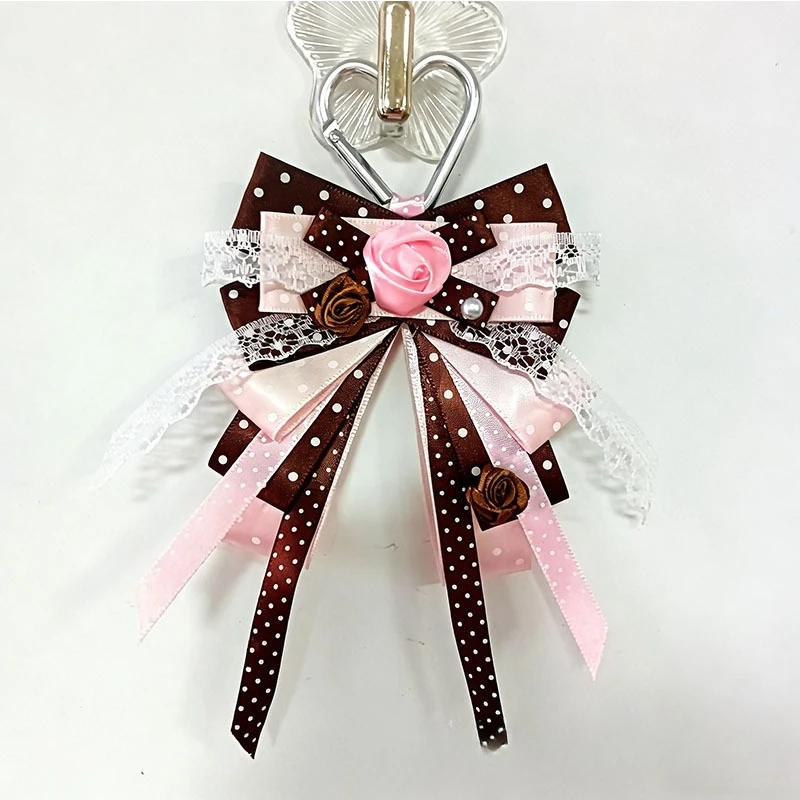 Sweet Soft Pink Brown Lolita Lace Rose Polka Dot Ribbon Keychain Delicate Pendant Charm Key Holder for Ita Bag Decoration