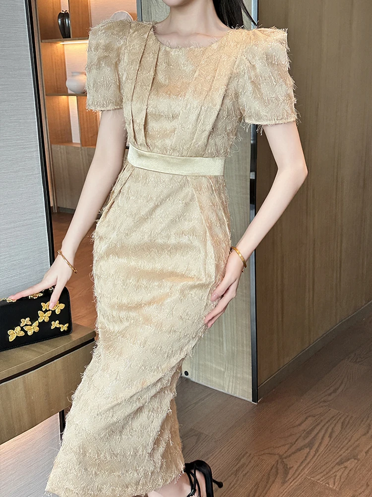 Frauen Kleidung Formelle Anlässe Kurzarm Quasten Schlank Midi Bleistift Kleid Elegante Pendeln Dame Mode Party Vestido Robe Sommer