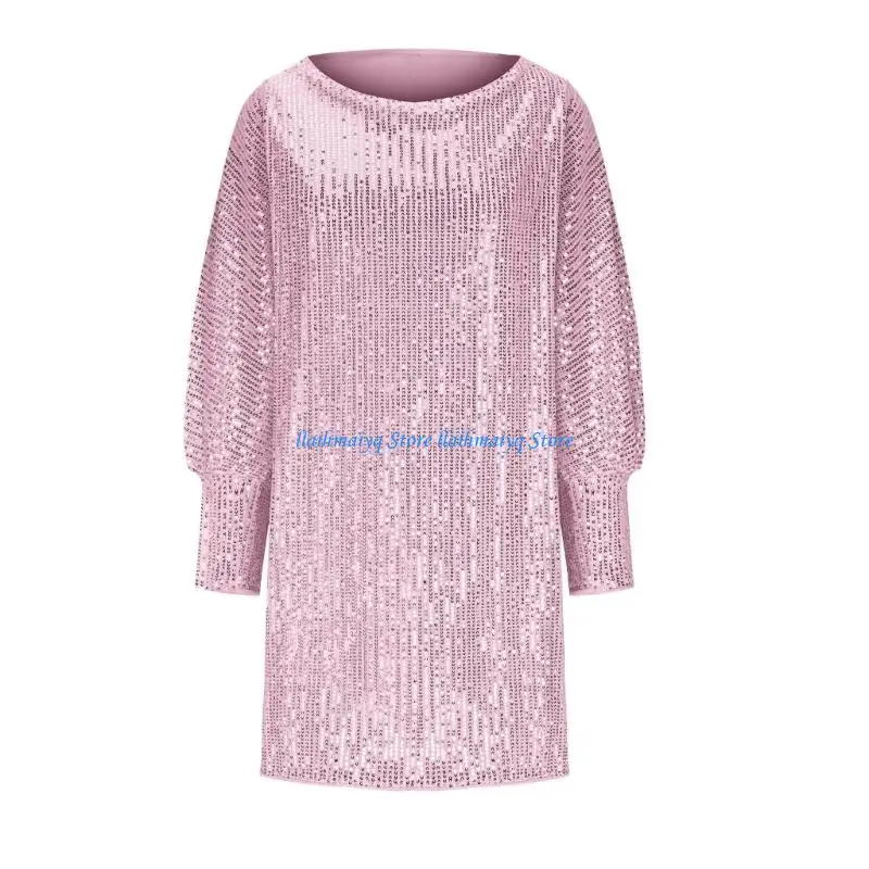 

573B Women's Asymmetrical Off Shoulder Sparkling sequins Long Sleeve Short Dress for Evening Party and Night Out Club