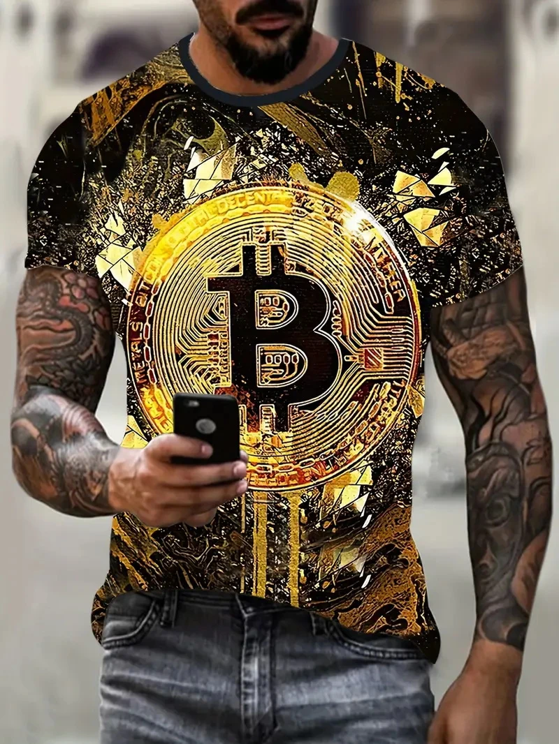 الجدة الفاخرة تي شيرت Harajuku تي شيرت الرجال ثلاثية الأبعاد طباعة بيتكوين قصيرة الأكمام بلايز عادية تي شيرت عادية الجولة الرقبة الرجال الملابس #5