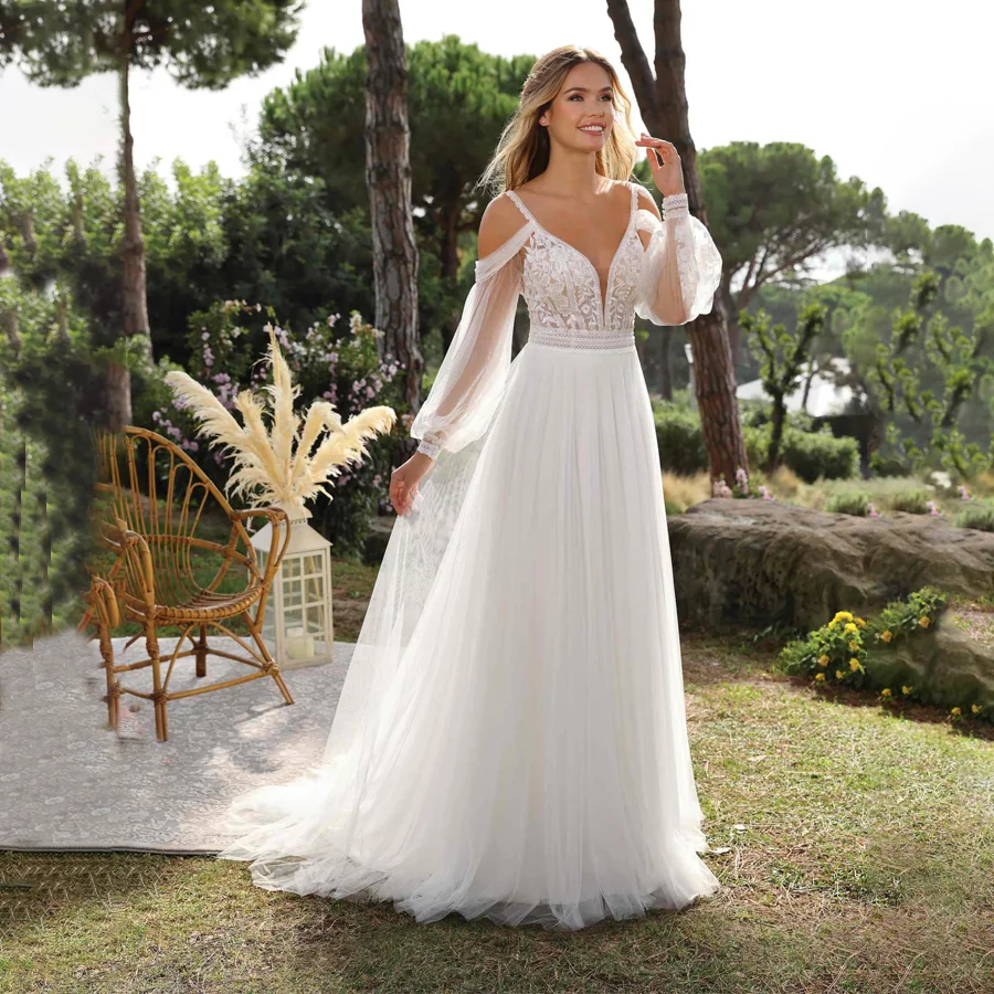 

Chic Illusion Tulle Wedding Dress with Off-the-Shoulder Long Sleeves Elegant Applique V-neckline Bridal Gown with Brush Train