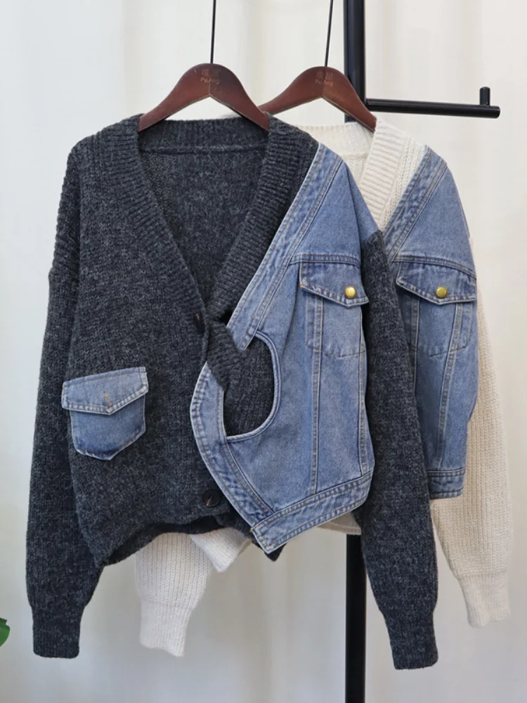 Women's Oversize Cardigan Coat Autumn Winter New Denim Stitching Loose Slim Casual Fashion Knitted Sweater Cowboy Jacket Female