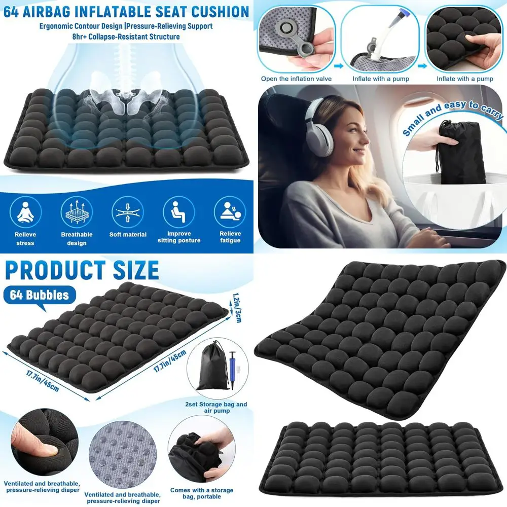 

Portable Ergonomic Cushion for Travel, Airplanes, Cars, and Stadiums with 64 Bubbles and Storage Bag