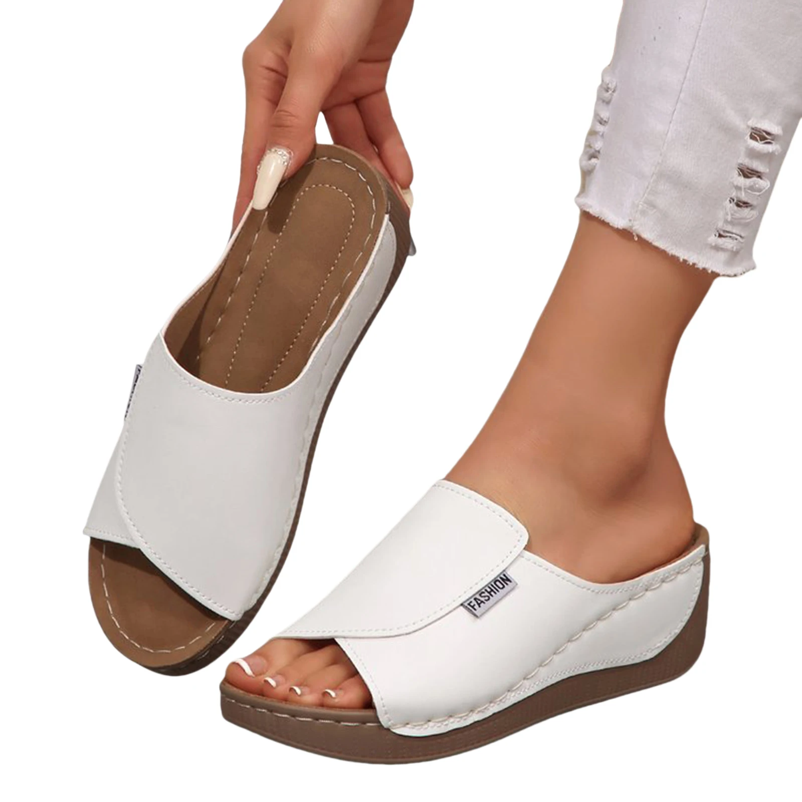 Wedge Heel Slippers Breathable Soft Platform Slides Hollowed Open Toe Mid Heel Shoes For Outdoor Wear