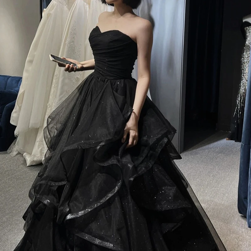 Wedding Shooting Temperament Black Elegant Wedding Party Dresses Strapless Tiered Draped Prom Robe Ball Gown Formal Dress Women