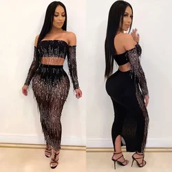 Mesh Sheer Tassel Sequin Skirt Set Women Festival Clothing Long Sleeve Strapless Crop Top Long Skirt Sexy 2 Piece Club Outfits