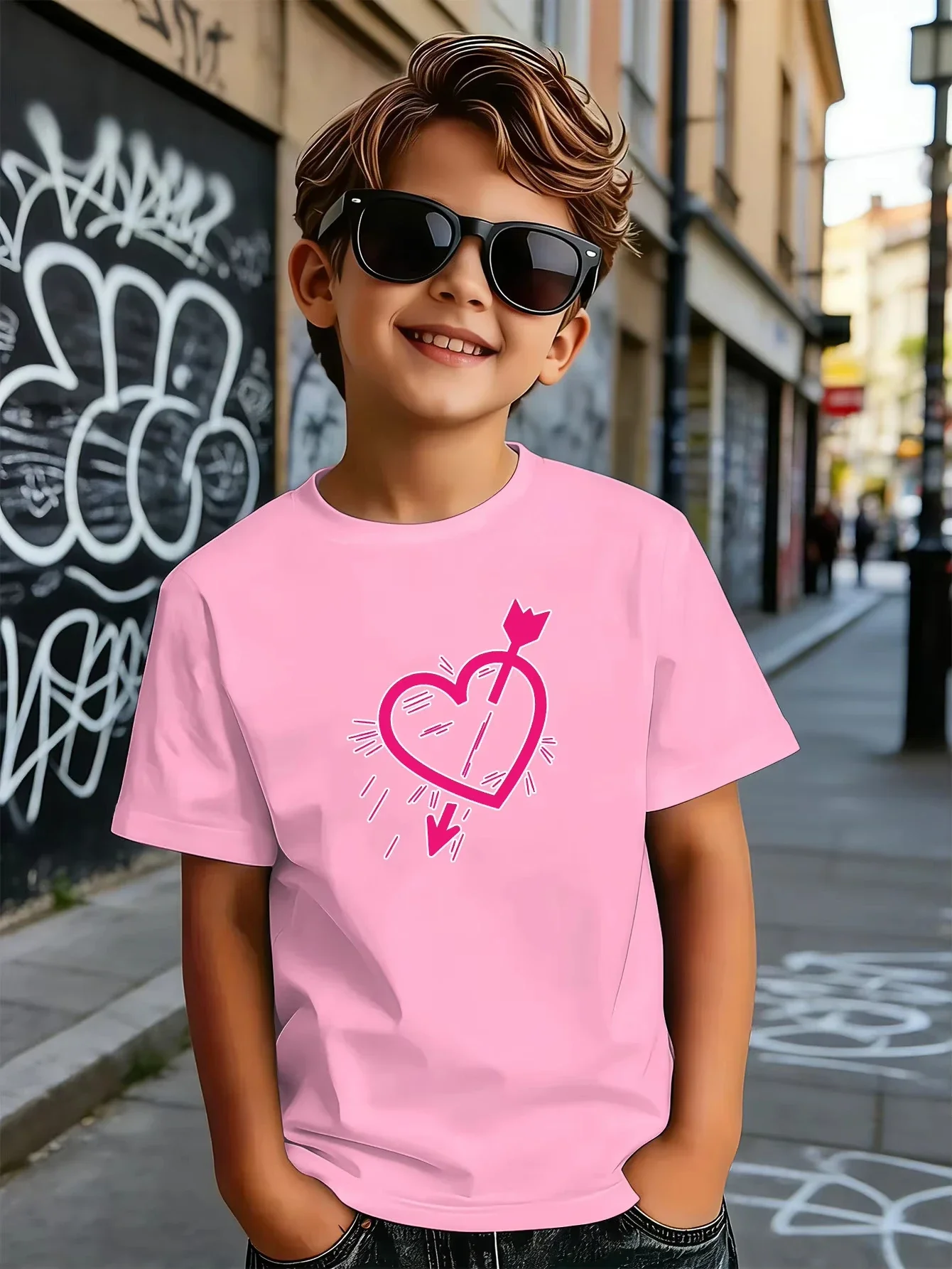 Boys Short Sleeve T Shirt Pink Arrow Through Heart Graphic Round Neck Casual Summer Kids Tee Tops