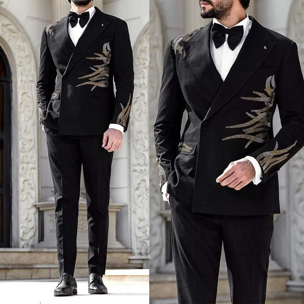 

Handsome Beadeds Wedding Suits For Men Peaked Lapel Tuxedos Single Breasted 2 Pieces Jacket Outfits Party Custom Made