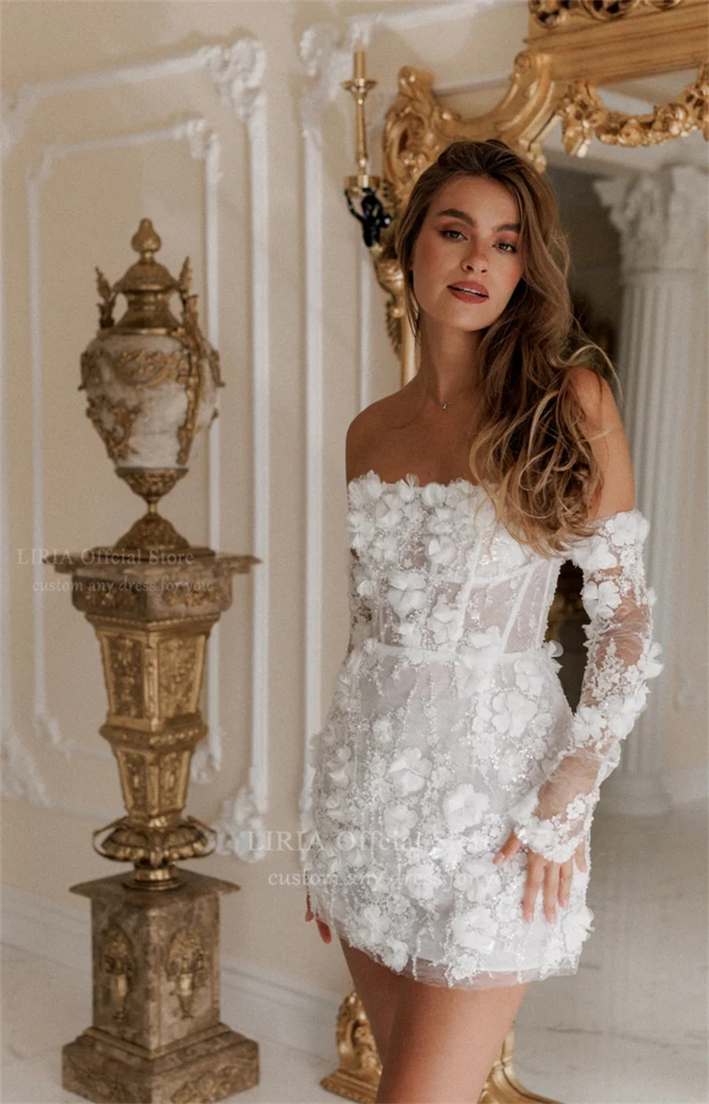 LIRIA Detachable Long Sleeves Short Wedding Dress Mini Elegant 3D Flower Lace Customized Delicate Strapless Beading Bridal Dress
