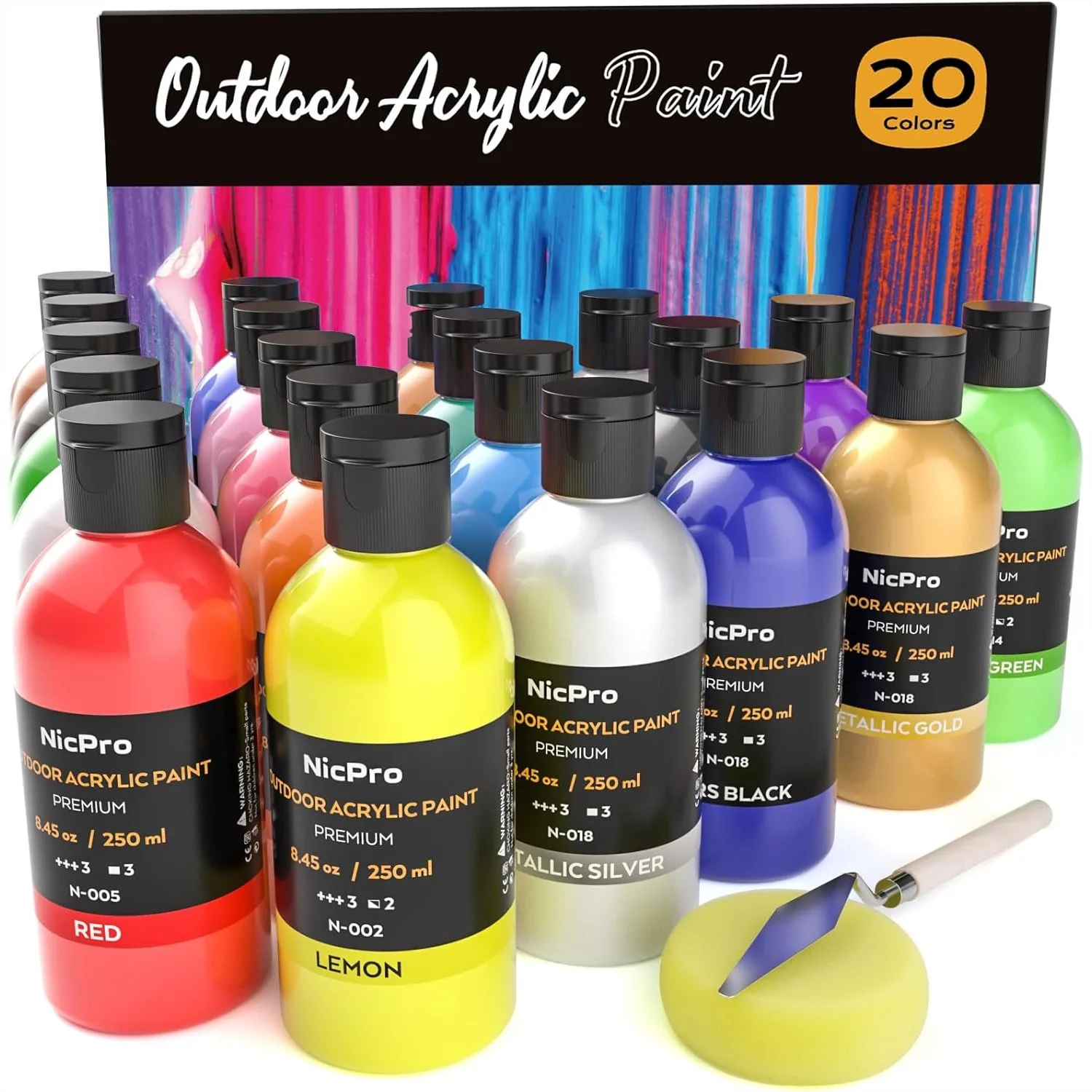 

20 Colors Outdoor Acrylic Paint Set 8.45 Oz 250 Ml Each Non Toxic For Canvas Wood Rock Fabric Stone Metal Wall Craft With Color Wheel