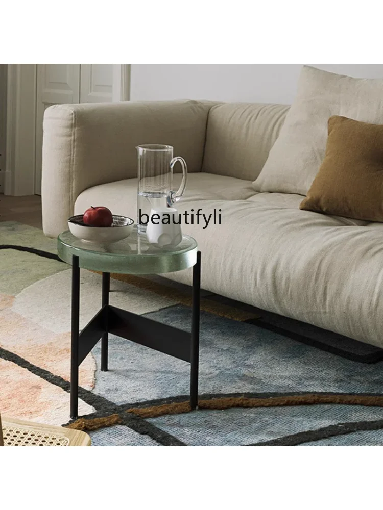 

ss7486 Small Apartment Simple Modern round Crystal Glass Small Coffee Table Light Luxury Art Geometric Coffee Table Side Table