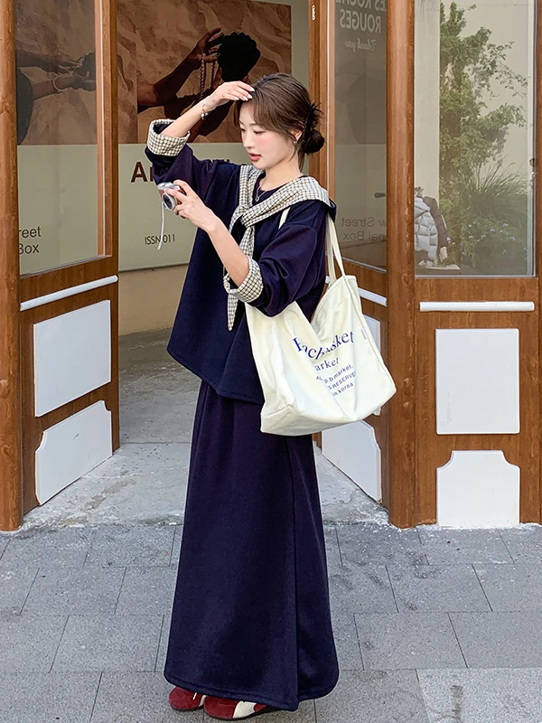 

Removable Plaid Hoodie Skirt Set Women's Early Spring Autumn Casual Loose Feel Three-piece Set High Waist Midi Skirt