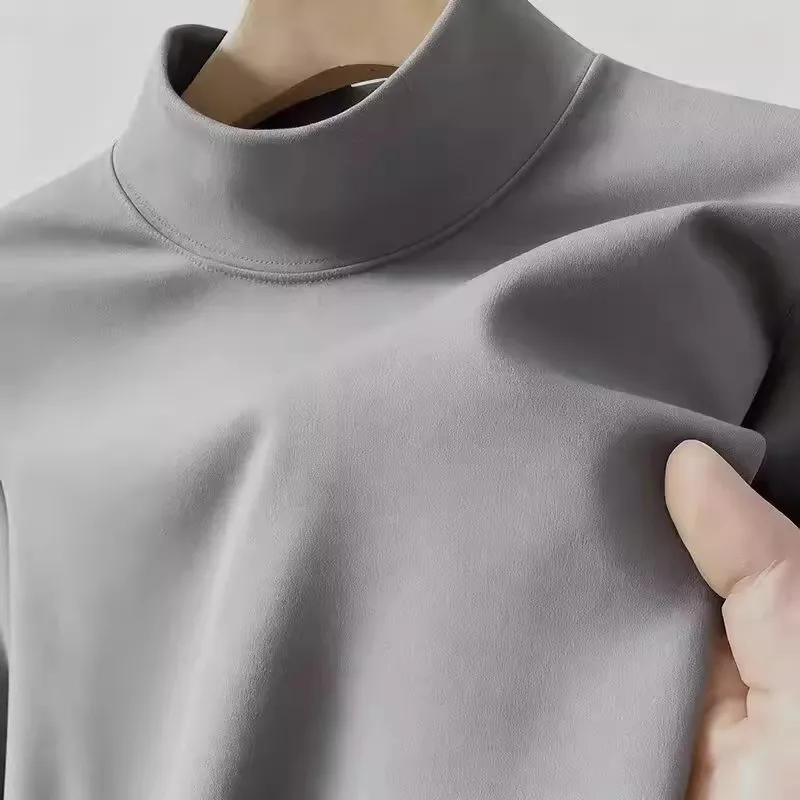 Men's Long Sleeve Thermal Fleece T-Shirt Slim Fit Casual Wear Double-sided Velvet High Neck Top for Autumn Winter