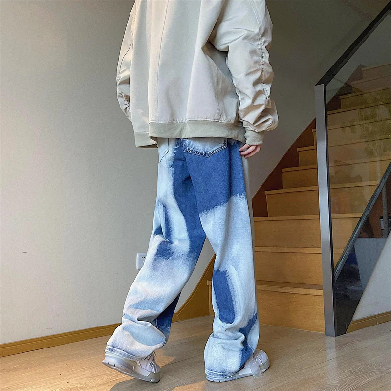 Young Men's Tie-dye Loose Straight Jeans Street Hip-hop Baggy Wide-leg Pants Korean Style Fashion  Skateboard Casual Pants