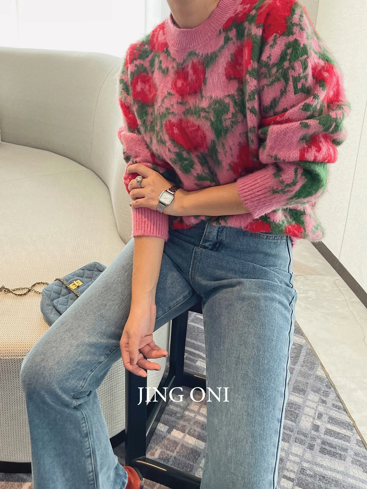 Women Y2k Sweater Top Clothing Long Sleeve Blouse Korean Fashion 2023 Vintage Pullover Knitwears Winter Stylish Crop Floral Pink