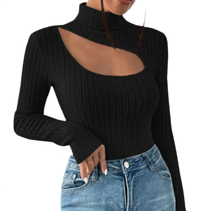 

Women's High Neck Long Sleeve Hollow out Base Shirt Autumn European American Style Front Design Casual Fashion Top