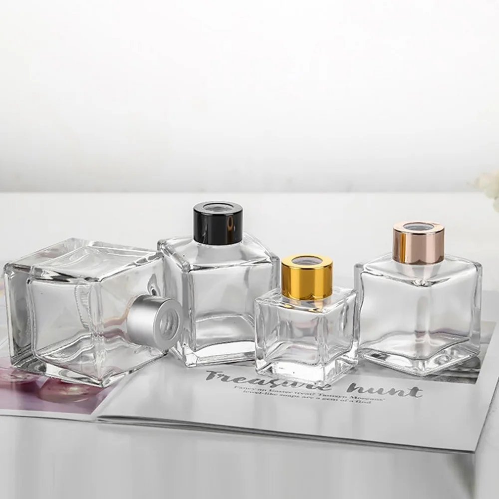 50ml&100ml&200ml empty square shape Fragrance glass diffuser bottle&Aromatherapy bottles with alumite circle and plactic lids