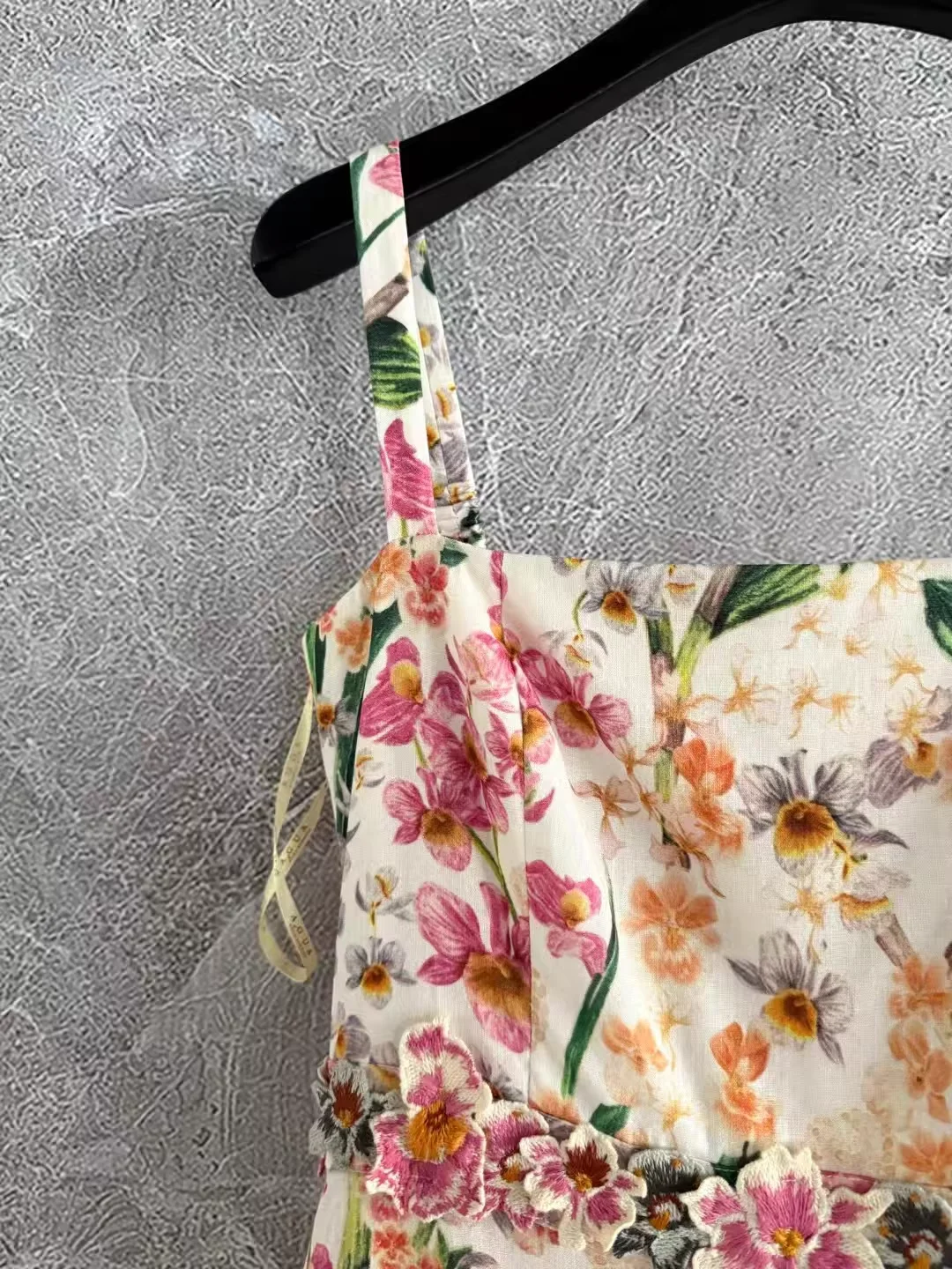 2025 New Ladies 3D Flower Appliqeus Long Dress Pink Flower Print Square Collar High Waist Holiday Female 100% Linen Sling Robe